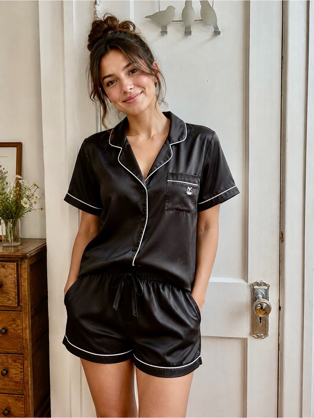 Short Sleeve Black Satin Pajama Top and matching bottoms with White Piping